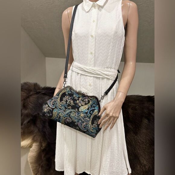 One Of A Kind! Unique Cowhide Embroidered Floral Print Handmade Metal Frame Bag - Picture 8 of 16